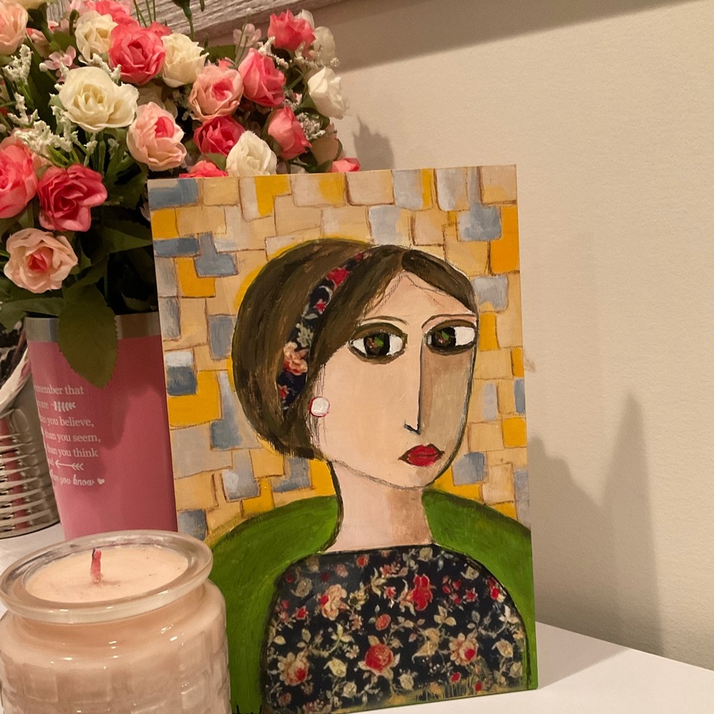 Hand painted original wood panel 6x9-Girl with a pearl Earring